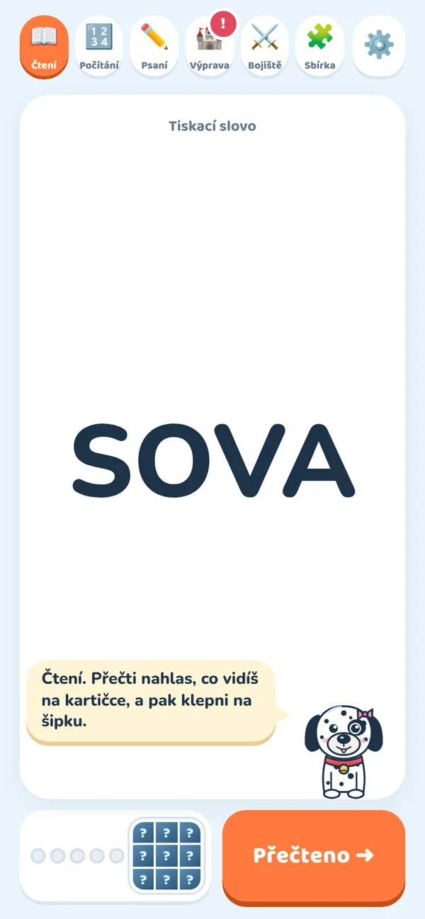 Čtení v mobilu: kartička se slovem SOVA